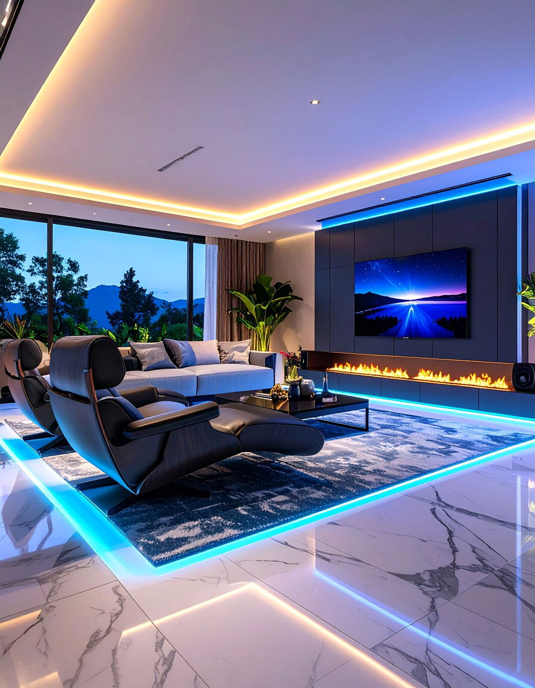 Smart Home Marble Floor Living Room with Integrated LED Grids - 25 Marble Floor Living Room Ideas