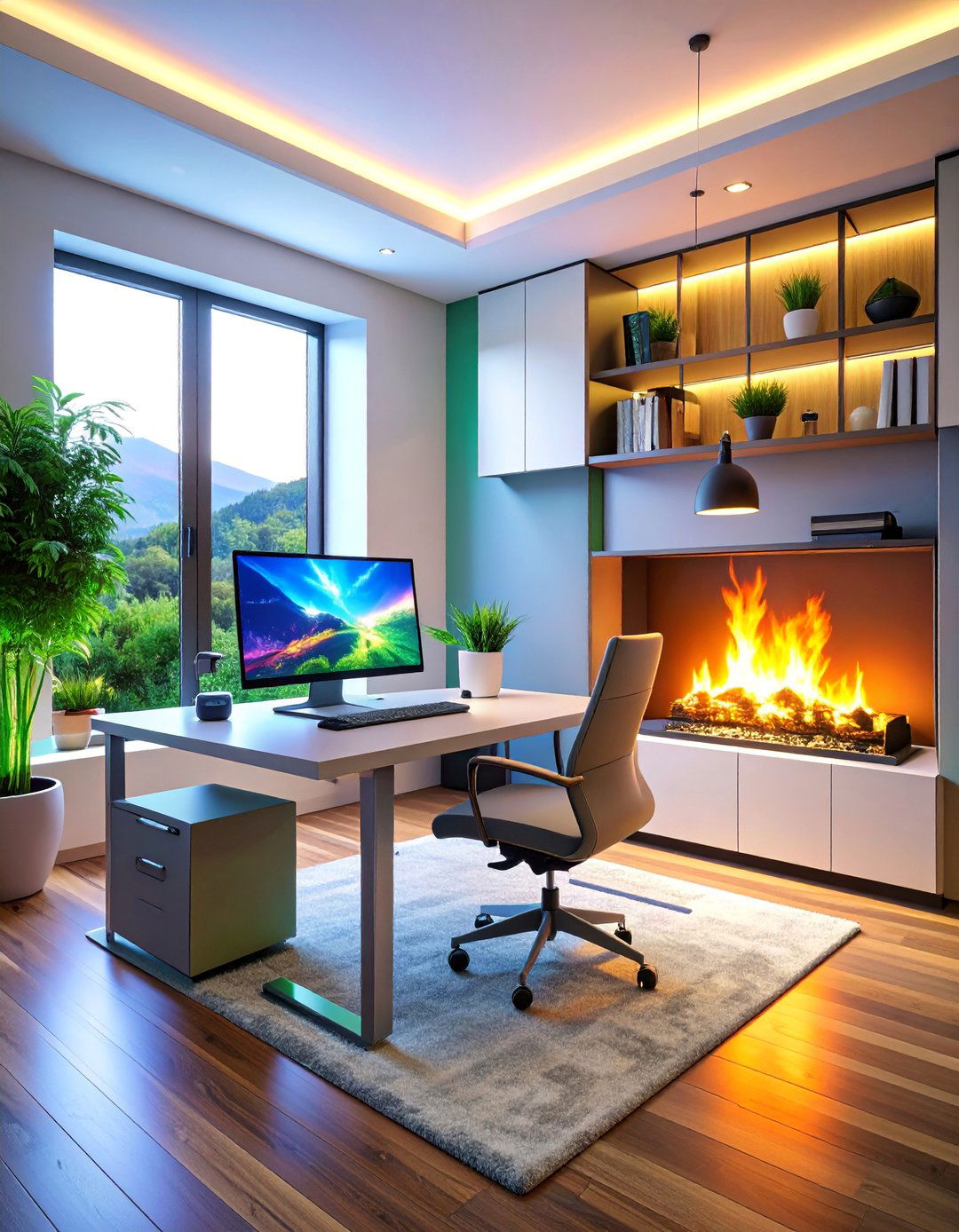 Smart Home Office with Technology Integrated Fireplace - 25 Home Office With Fireplace Ideas
