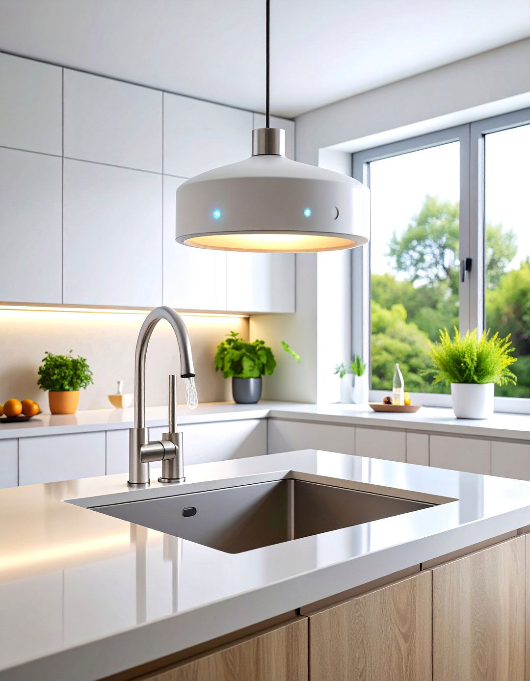 Smart LED Pendant Lights with Dimming Controls - 25 Kitchen Sink Lighting Ideas