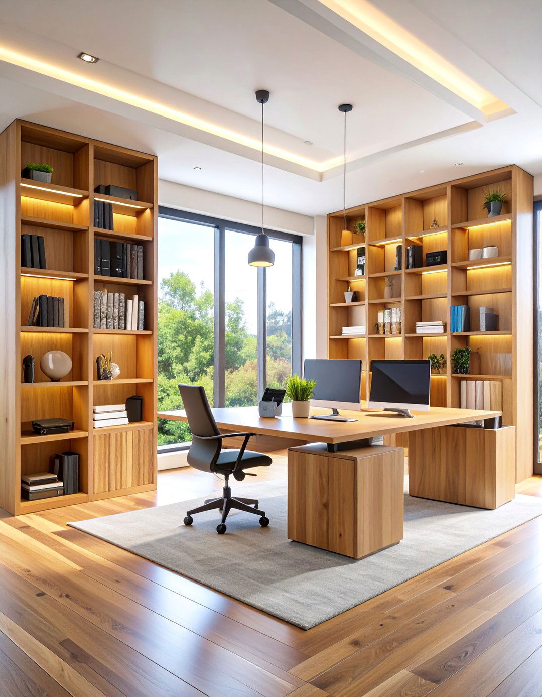 Smart Tech Bookcases Around Window with Motorized Shades - 25 Bookcases Around Window Design Ideas