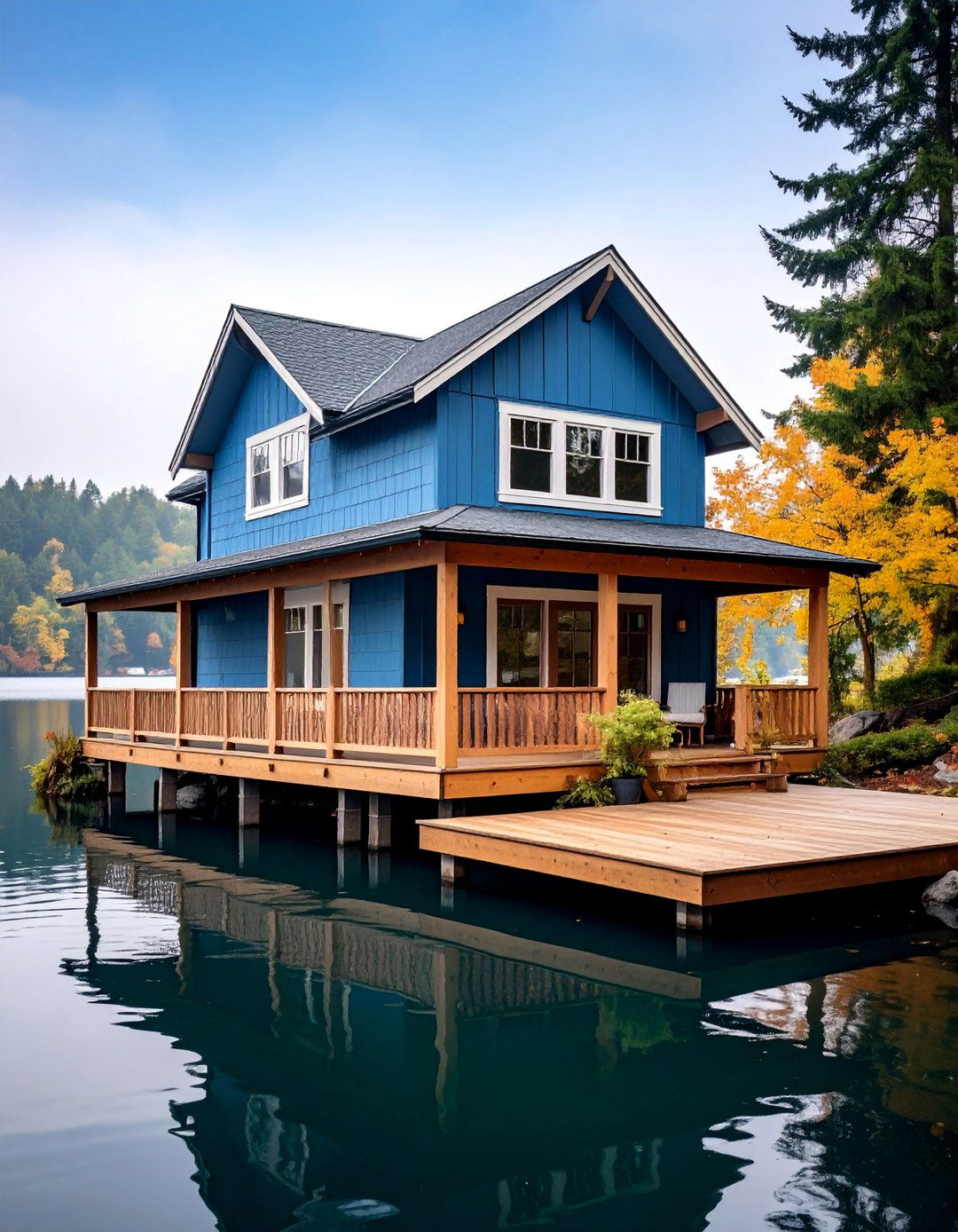 Smoky Blue with Cream and Stone Elements - 25 Lake House Exterior Colors Ideas