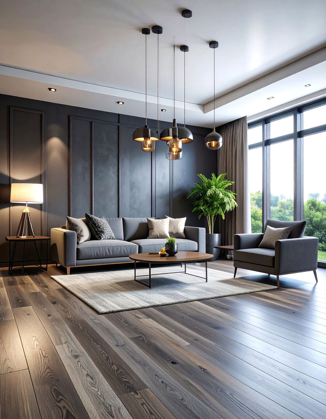 Smoky Gray Oak Living Room with Urban Sophistication - 25 Living Room Wood Floor Ideas
