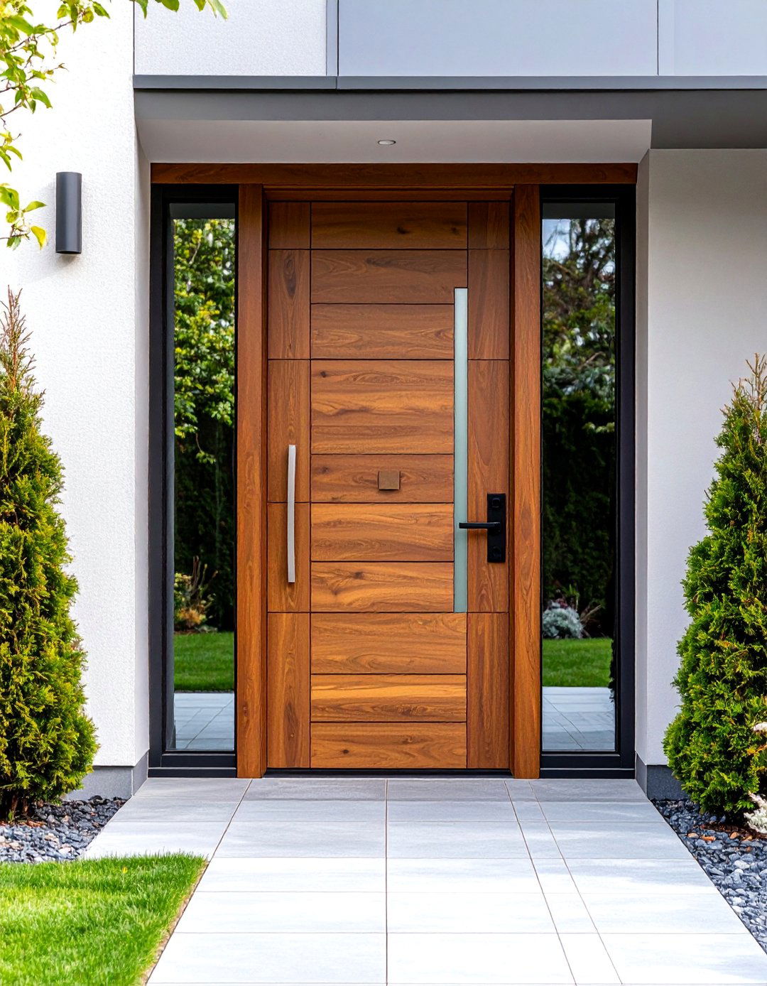 Smooth Brown Door with Modern Vertical Glass Strips - 25 Brown Front Door Ideas