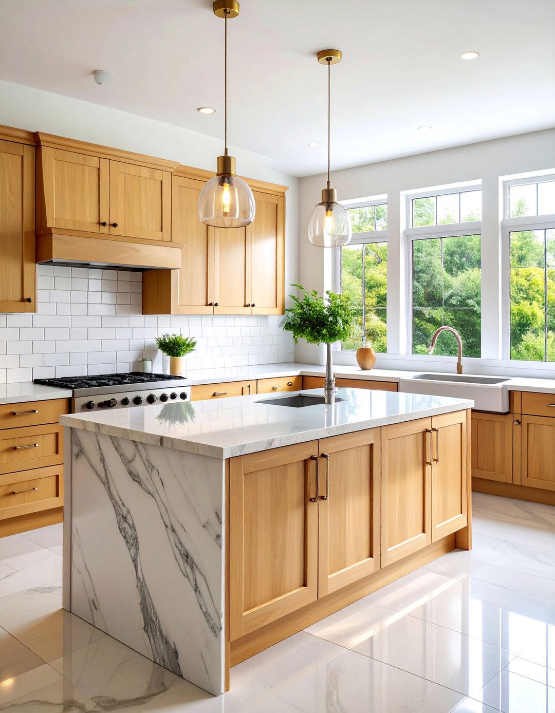 Snow White Granite with Veining and Oak Cabinets - 25 what color countertops go with oak cabinets