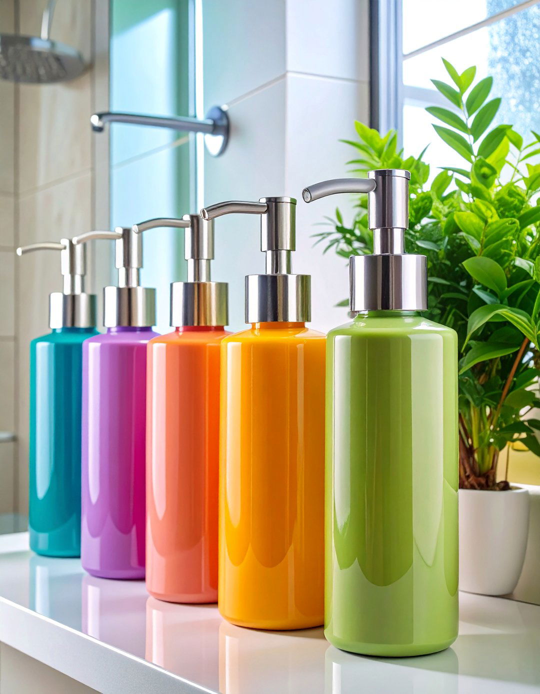 Soap Dispenser Station with Pump Bottles and Labels - 25 Shower Storage Ideas