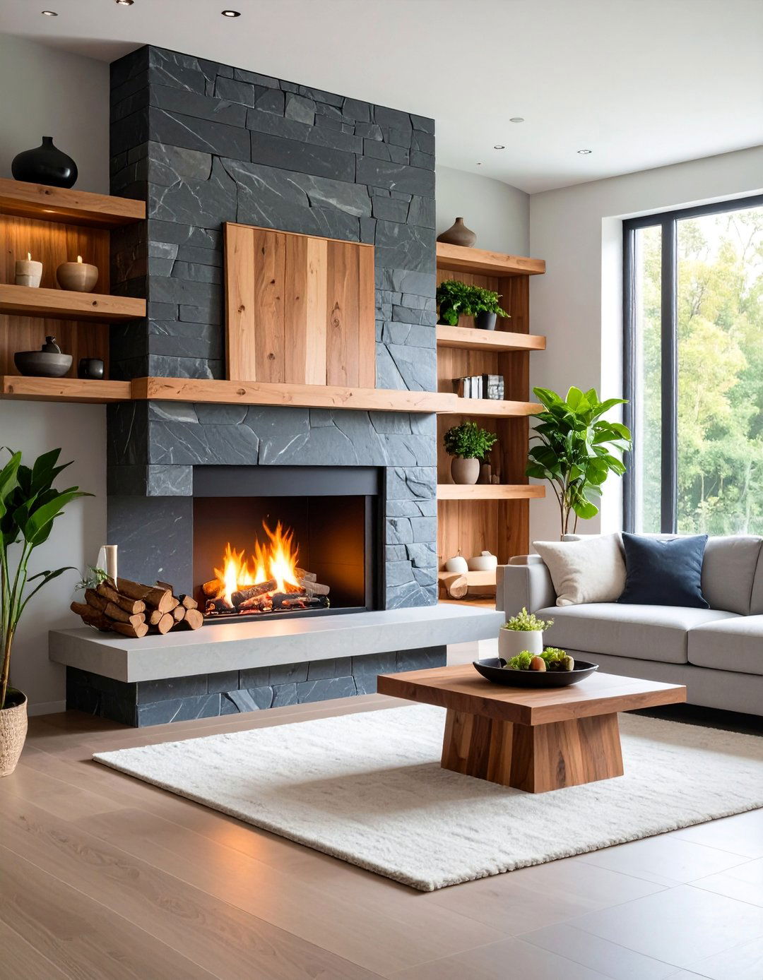 Soapstone Fireplace with Contemporary Wood Accents - 25 Floor-to-Ceiling Stone Fireplace Ideas