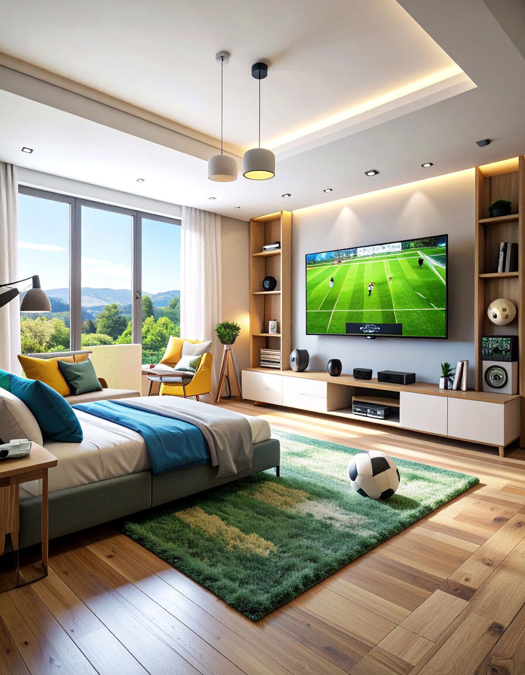 Soccer Bedroom with Multimedia Entertainment Center - 25 Soccer Themed Bedroom Ideas