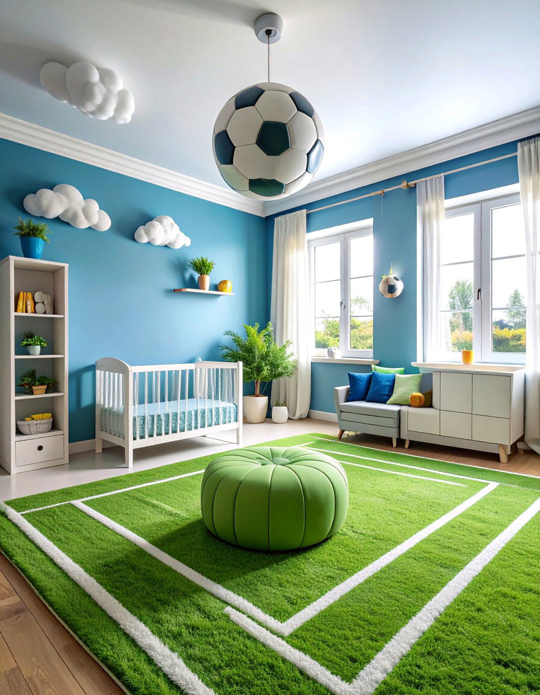 Soccer Field Nursery with Grass Carpet - 25 Sports Nursery Ideas