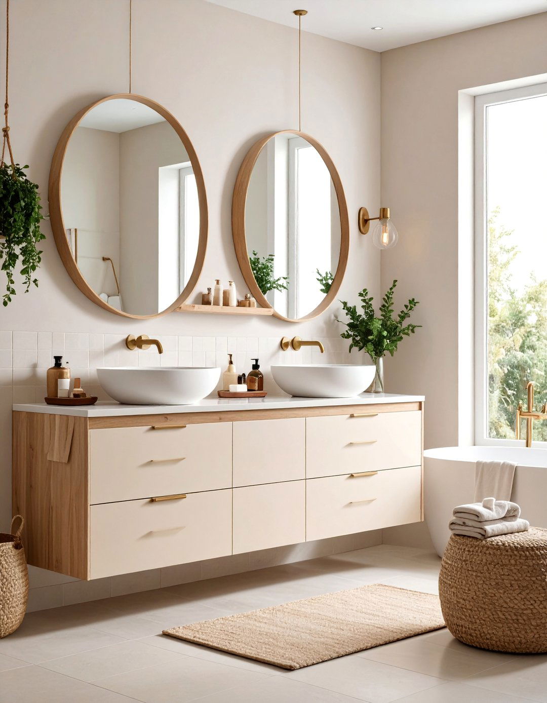 Soft Beige Warm Neutral with Natural Wood Accents - 25 Bathroom Cabinet Color Ideas