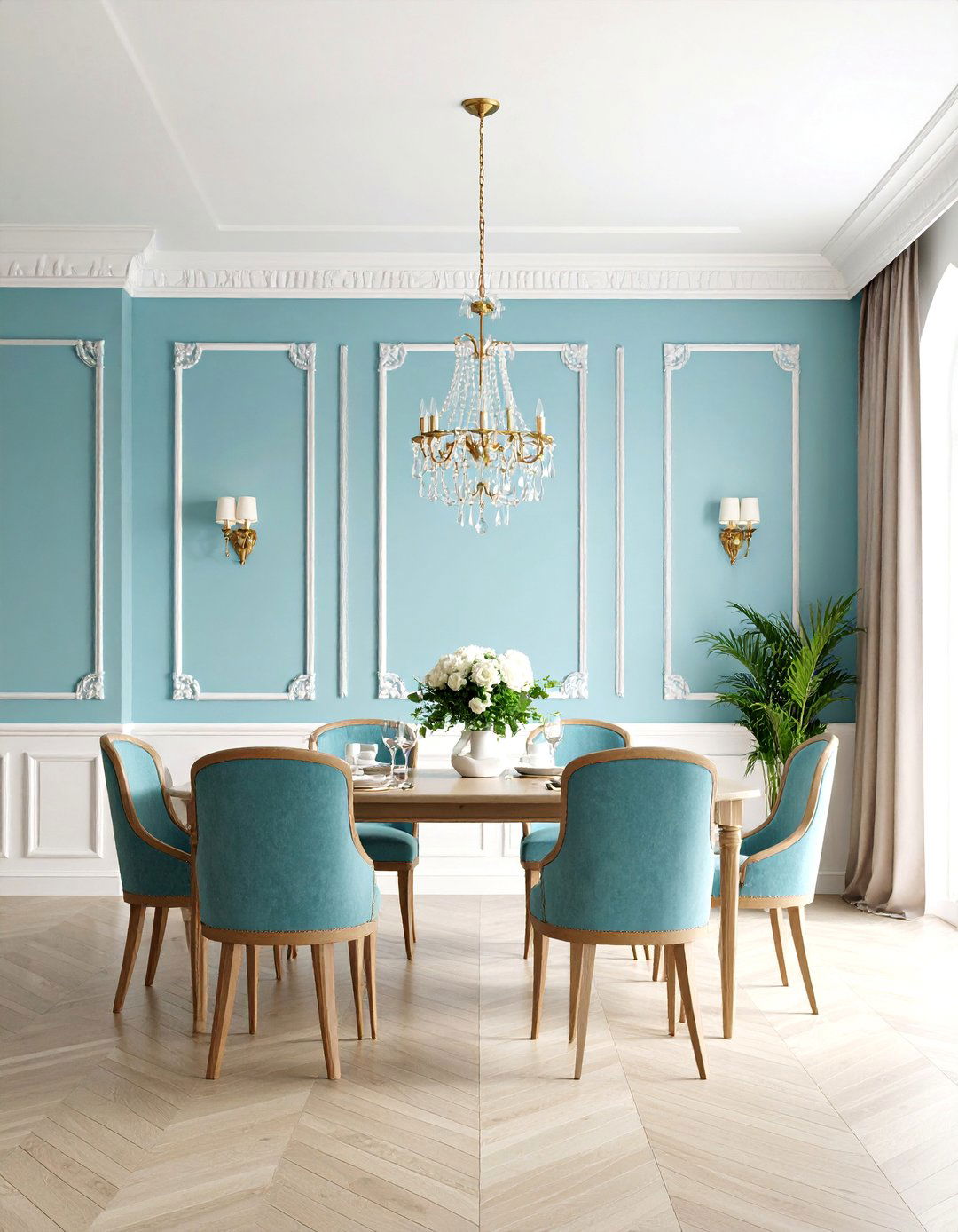 Soft Blue Accent Wall with White Wainscoting - 25 Transitional Dining Room Ideas