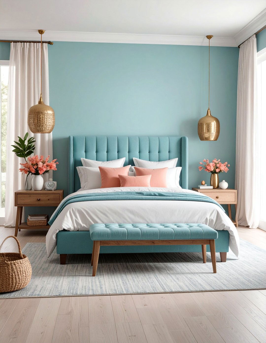 Soft Blue Coastal Bedroom with Tufted Headboard - 25 Coastal Bedroom Ideas