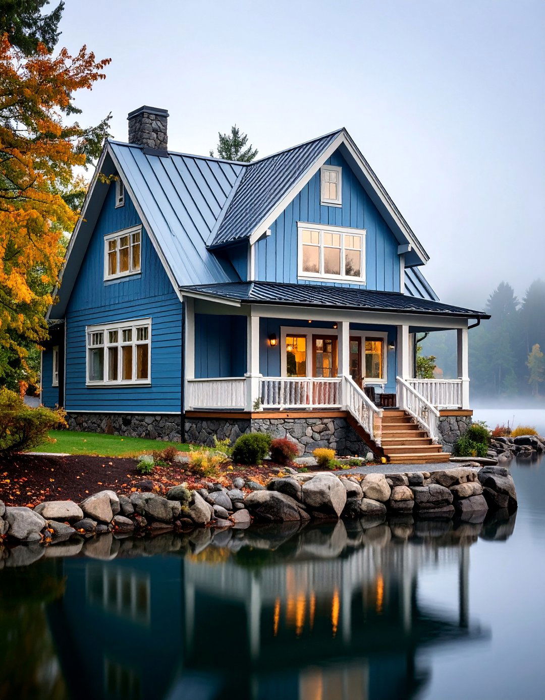 Soft Blue Gray with Stone Foundation - 25 Lake House Exterior Colors Ideas