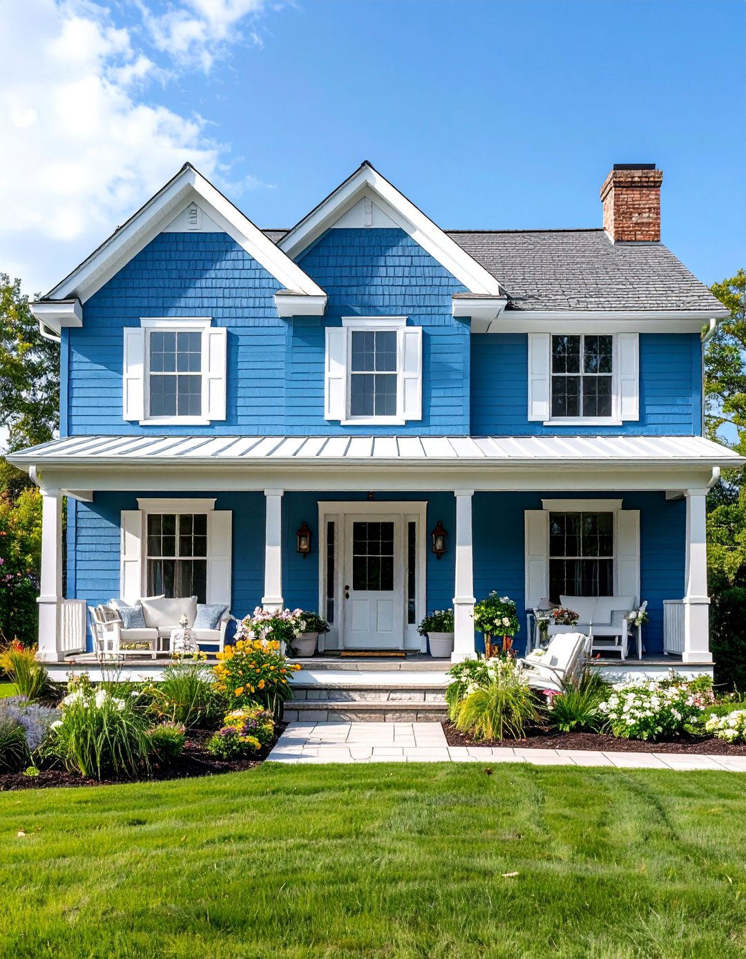 Soft Blue Gray with White and Natural Elements - 25 Exterior Brick Paint Color Ideas