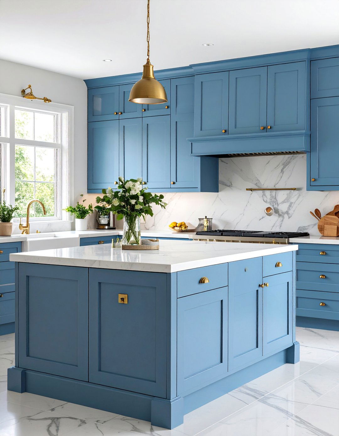Soft Blue Shaker Cabinet Kitchen with Marble Countertops - 25 Blue French Country Kitchen Ideas