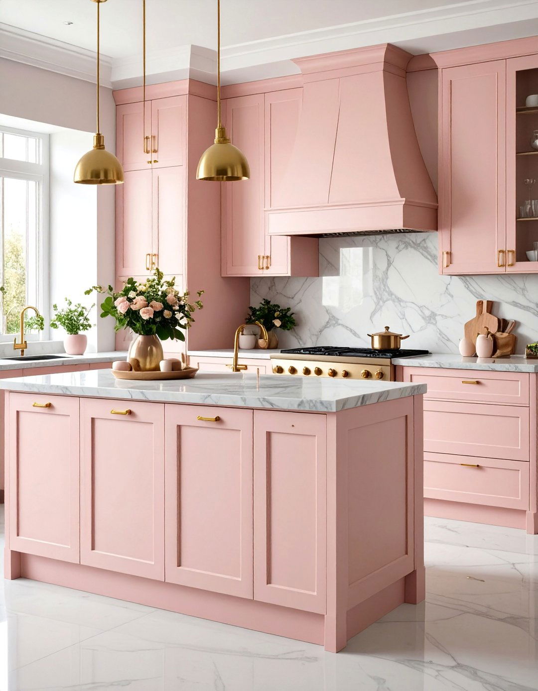 Soft Blush Kitchen with Marble Veining - 25 Colorful Kitchen Ideas