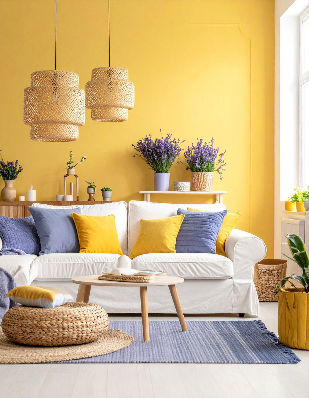 Soft Butter Yellow Walls with Lavender Accents - 25 Yellow Living Room Ideas