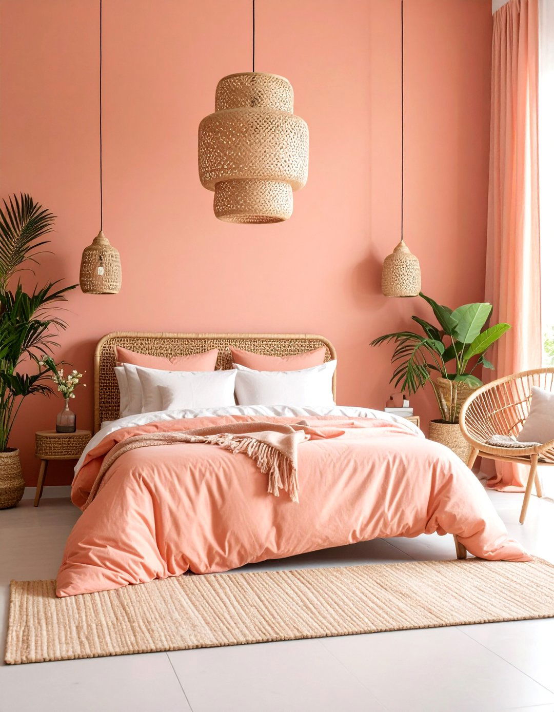 Soft Coral Limewash Bedroom with Tropical Paradise Vibes - 25 Limewash Bedroom Ideas
