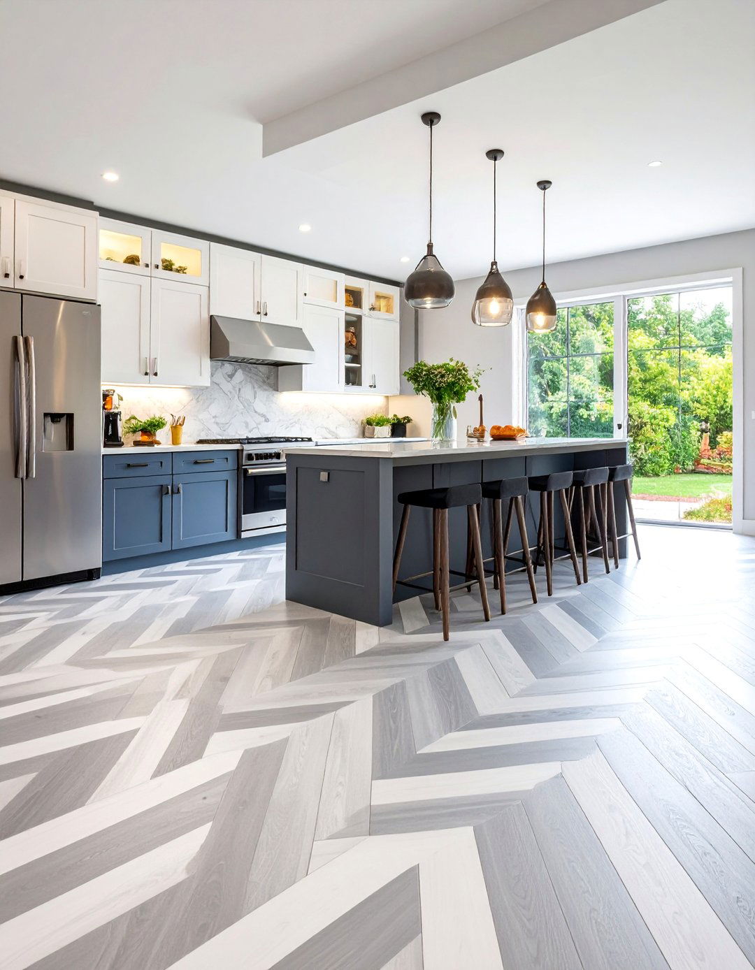 Soft Gray Chevron Pattern with White Accent Strips - 25 Linoleum Kitchen Flooring Ideas
