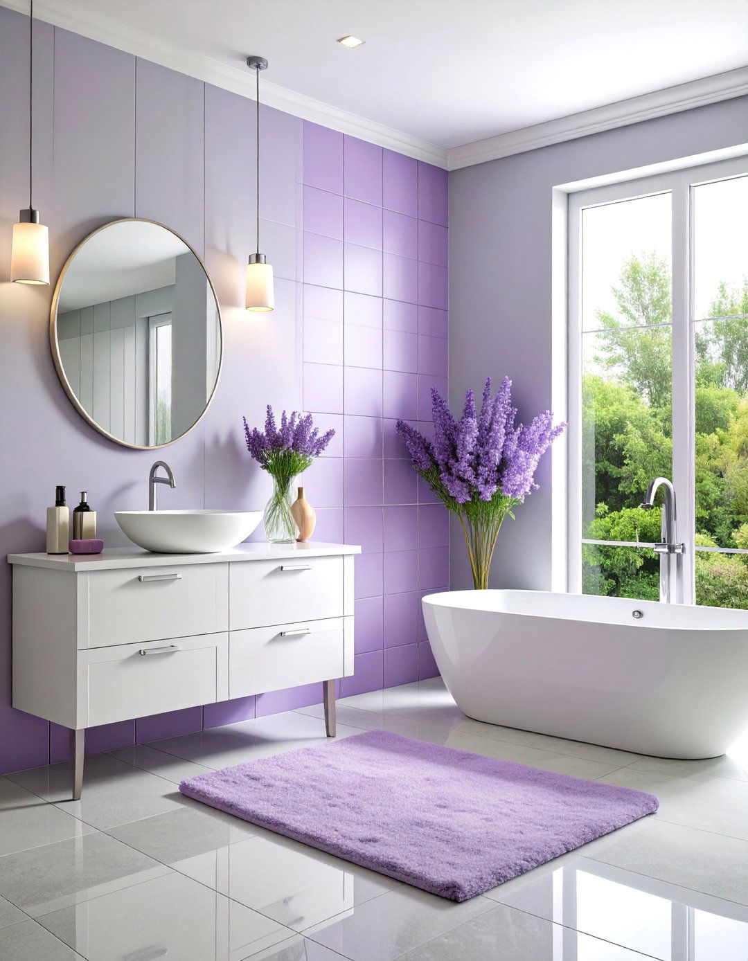 Soft Lavender Half Wall Romantic Retreat - 25 Half-wall Tile Bathroom Ideas