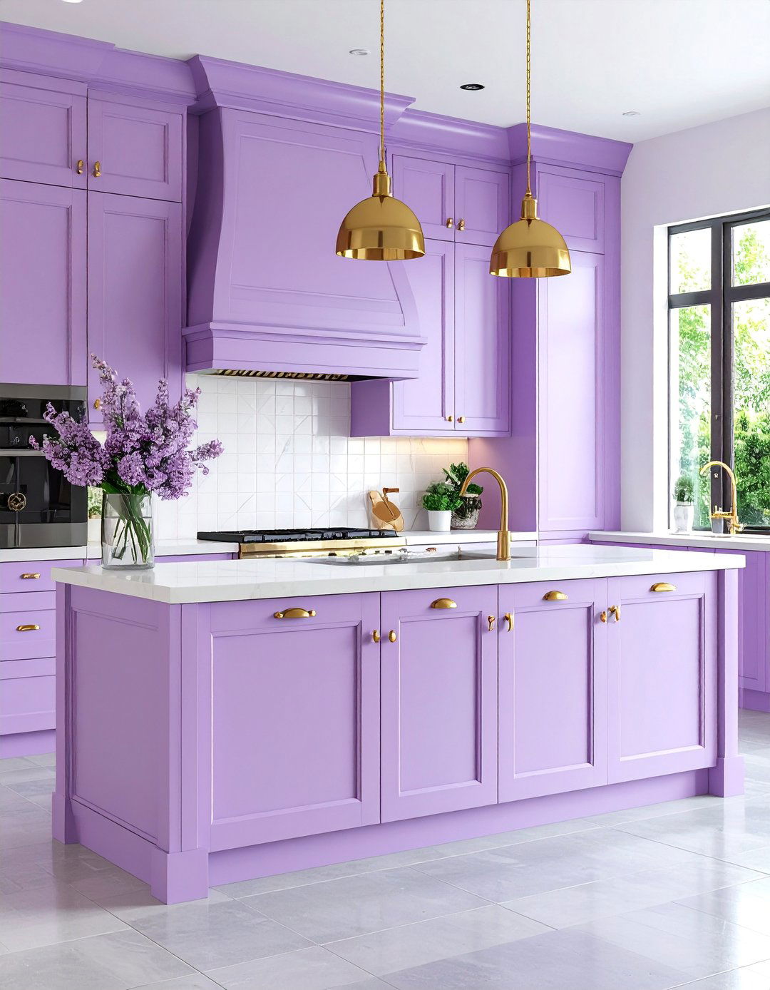 Soft Lavender Kitchen Cabinets with Cream Details - 25 Kitchen Cabinet Color Ideas