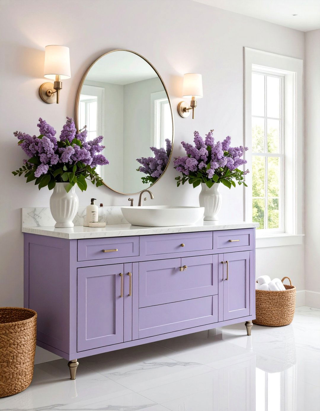 Soft Lavender Romantic Retreat with Silver Accents - 25 Bathroom Cabinet Color Ideas