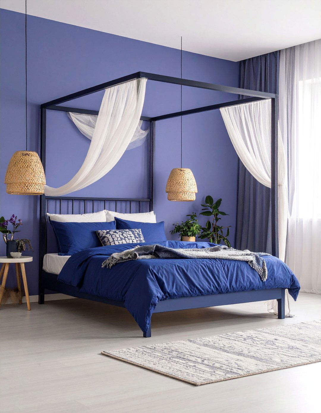 Soft Lilac Walls with Midnight Blue Canopy Bed - 25 Blue and Purple Bedroom Ideas
