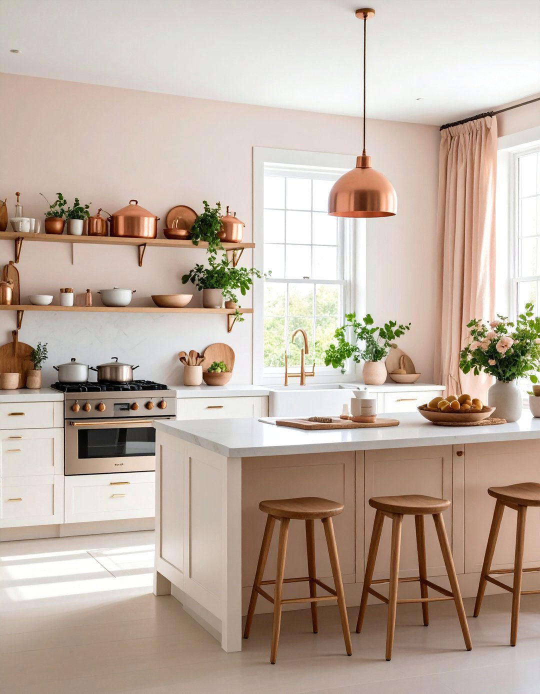 Soft Peach Kitchen with Vintage Copper Collections - 25 Boho Cottage Style Decor Ideas