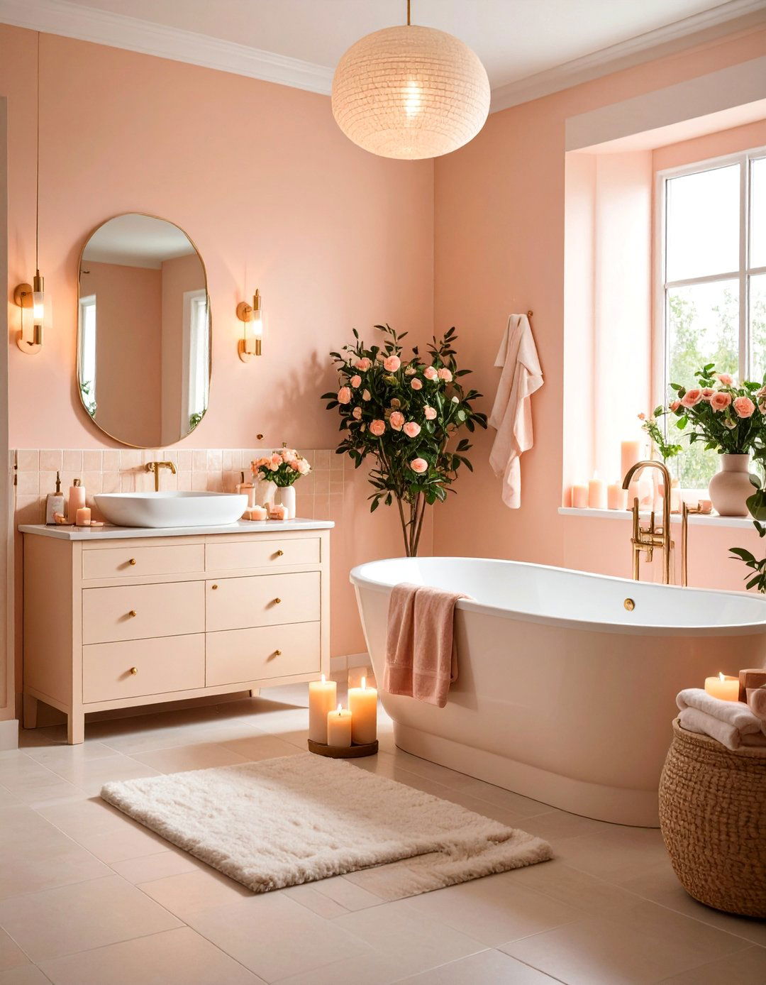 Soft Peach and Cream Romantic Bathroom Escape - 25 Colorful Bathroom Ideas