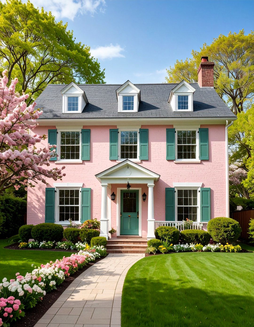 Soft Pink Brick with Gray Green and White Trim - 25 Exterior Brick and Paint Color Combinations