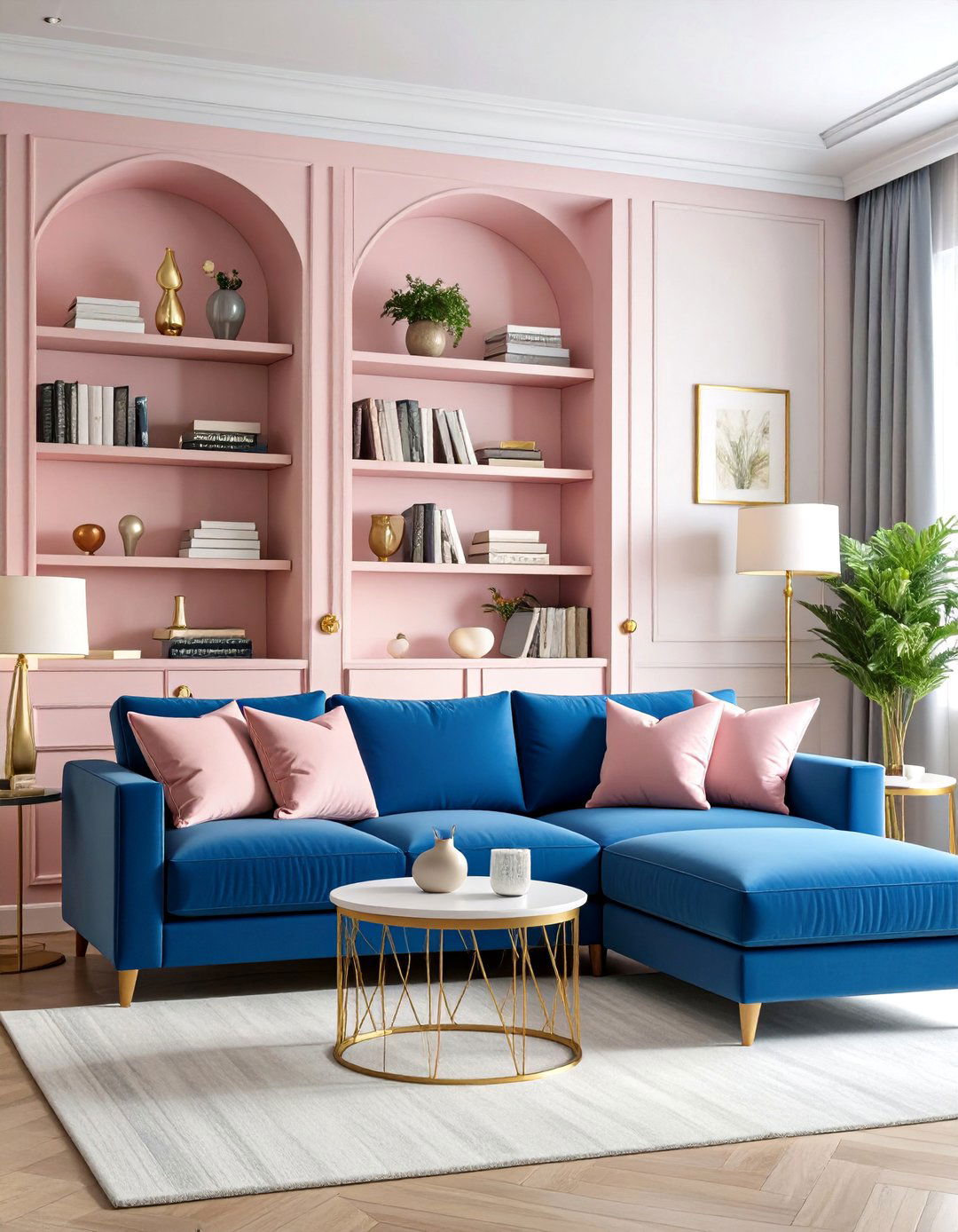 Soft Pink Built ins with Navy Blue Seating - 25 Pink and Blue Living Room Ideas