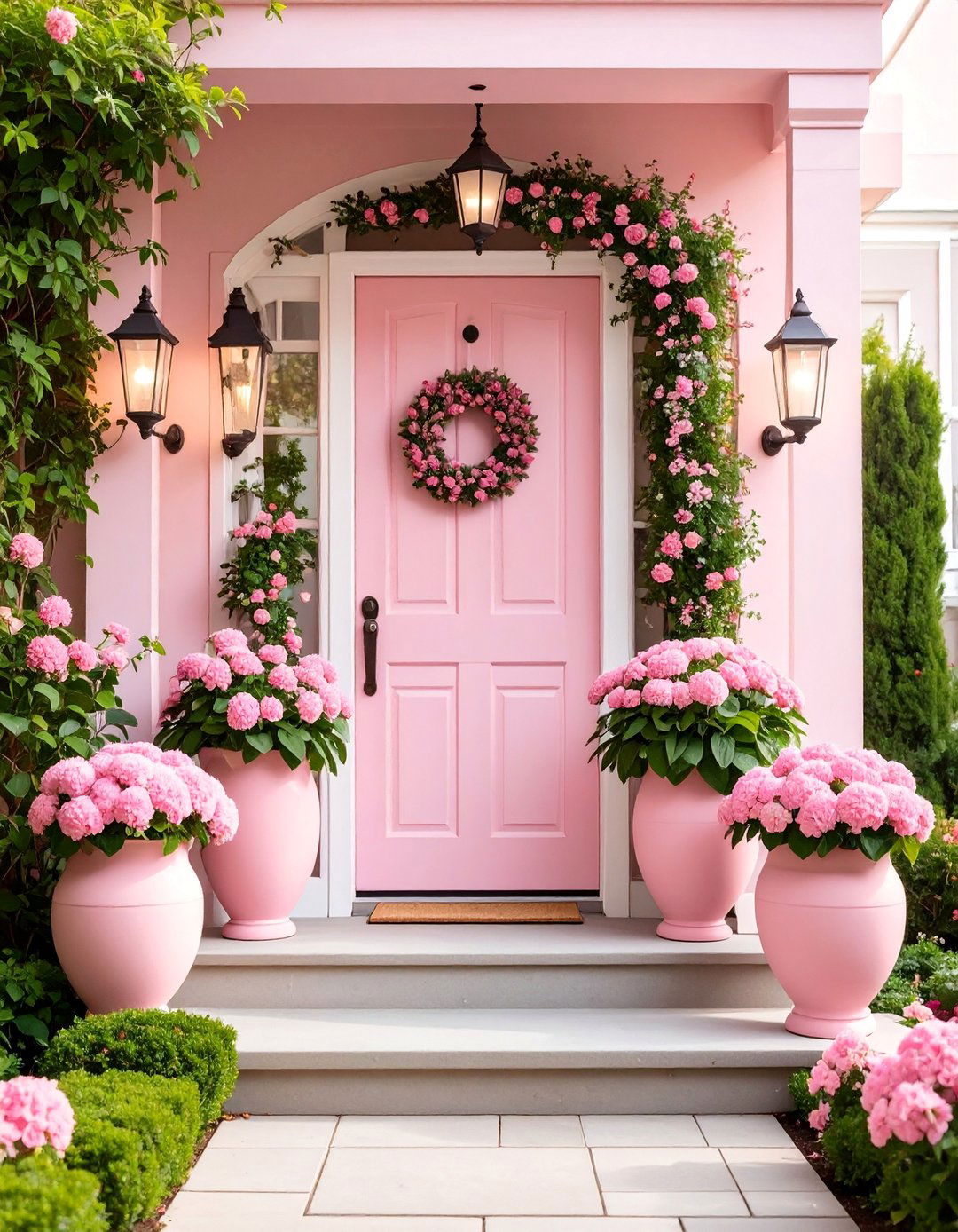 Soft Pink Front Door Garden Planters - 25 Pink Garden Ideas