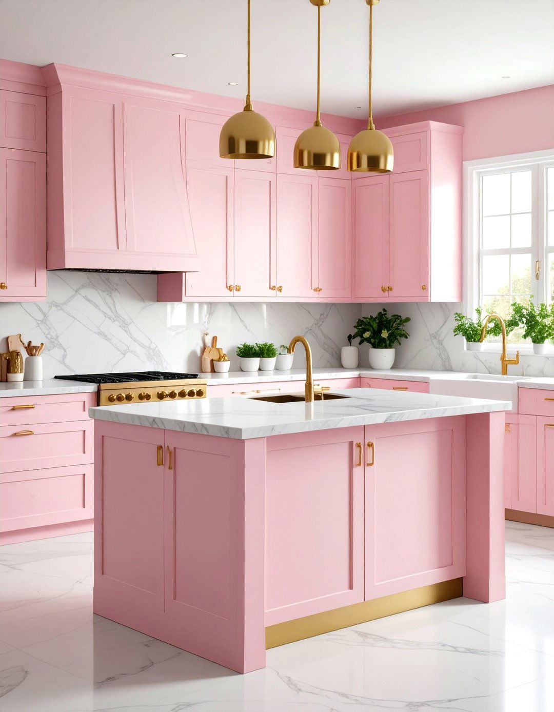 Soft Pink Kitchen Island with White Cabinets - 25 Pastel Colour Ideas for Your Home