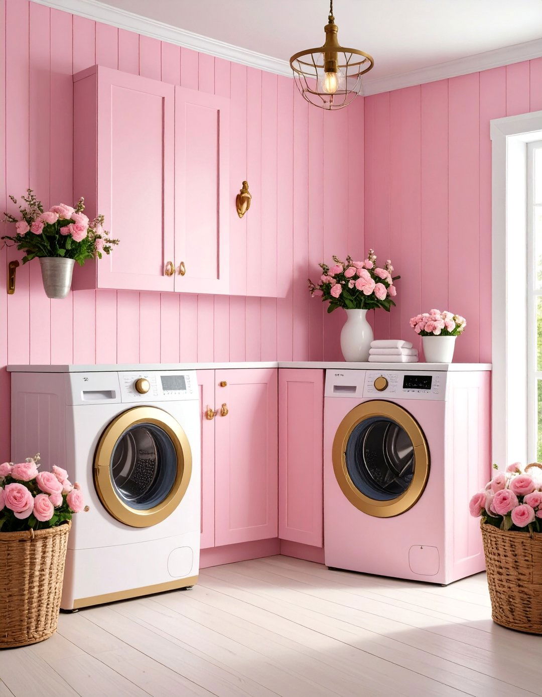Soft Pink Shiplap with Vintage Romantic Details - 25 Shiplap Laundry Room Ideas