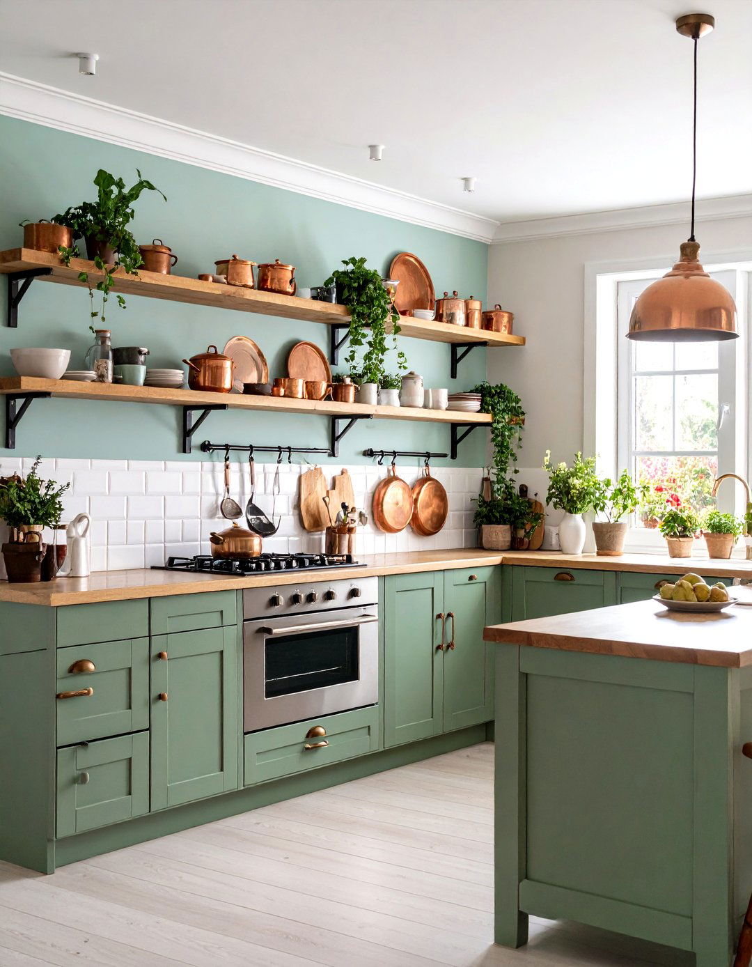 Soft Sage Green Cottage Kitchen with Open Shelving Display - 25 Cottage Kitchen Ideas