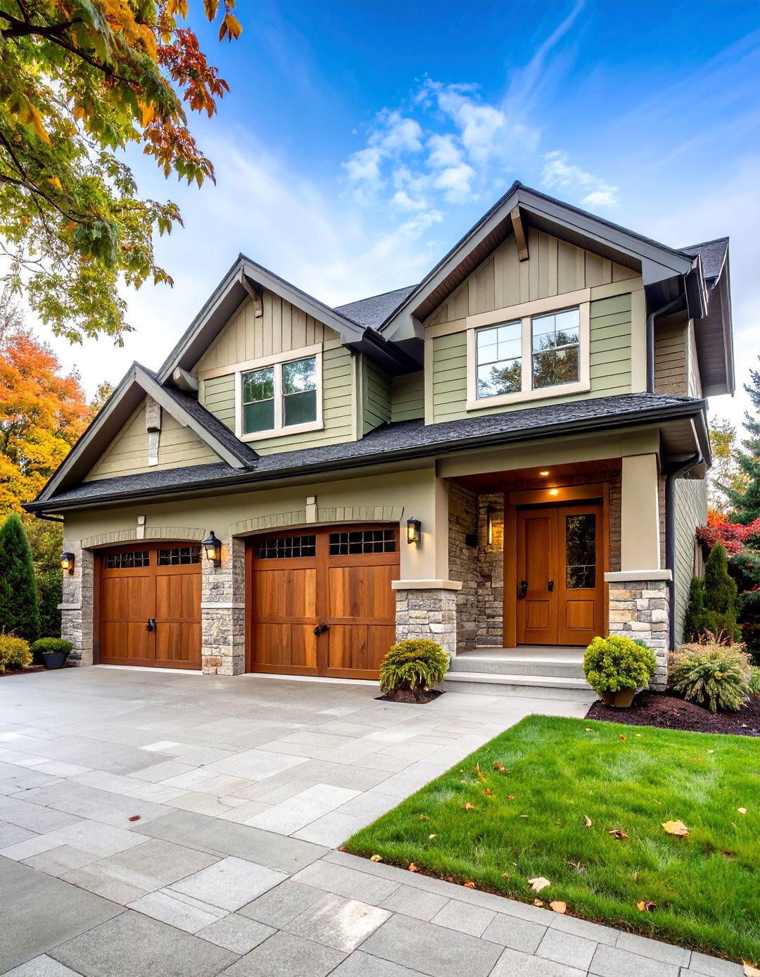 Soft Sage with Natural Wood Garage Doors - 25 Exterior Brick Paint Color Ideas