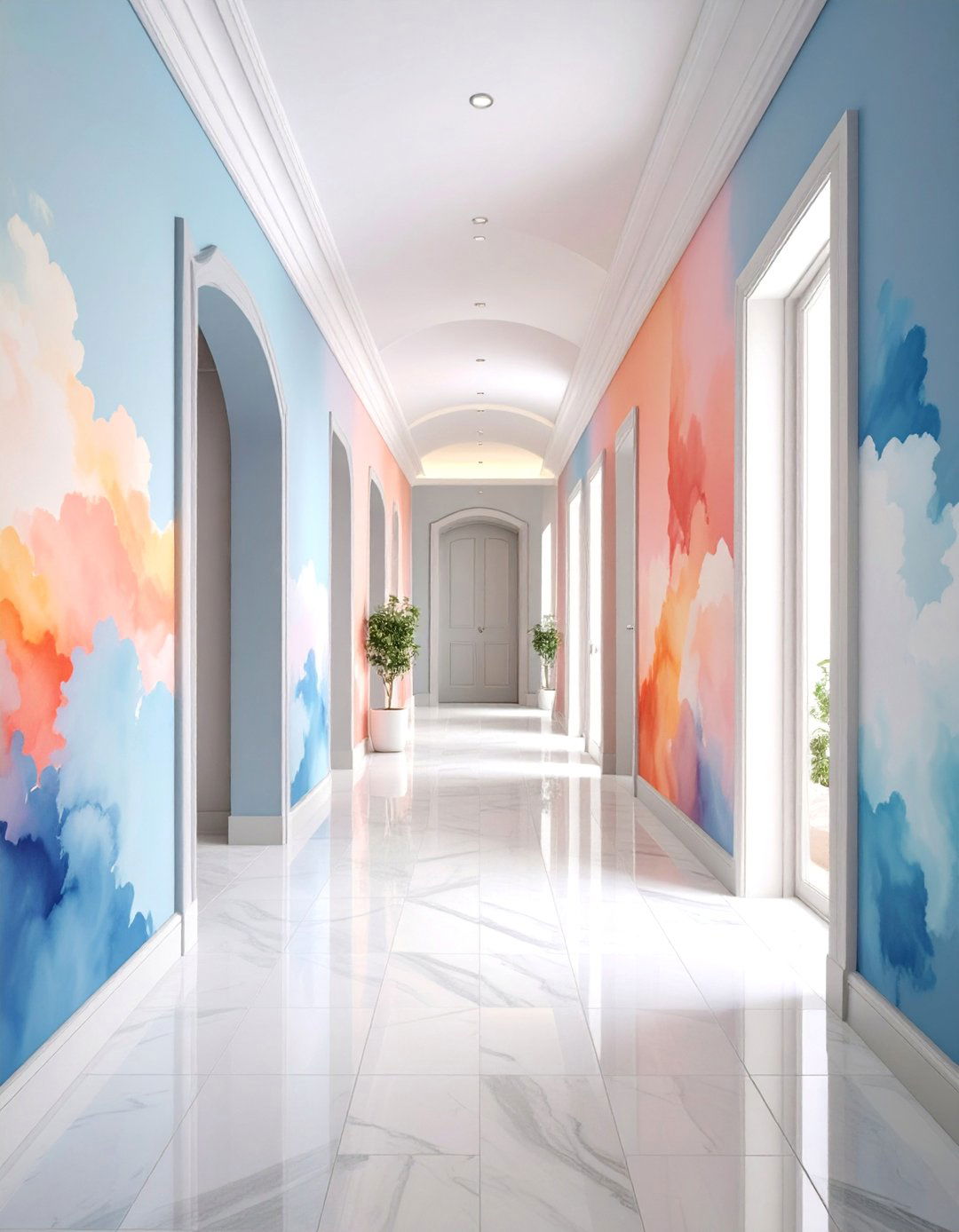 Soft Watercolor Hallway Wallpaper with Abstract Cloud Designs - 25 Hallway Wallpaper Ideas