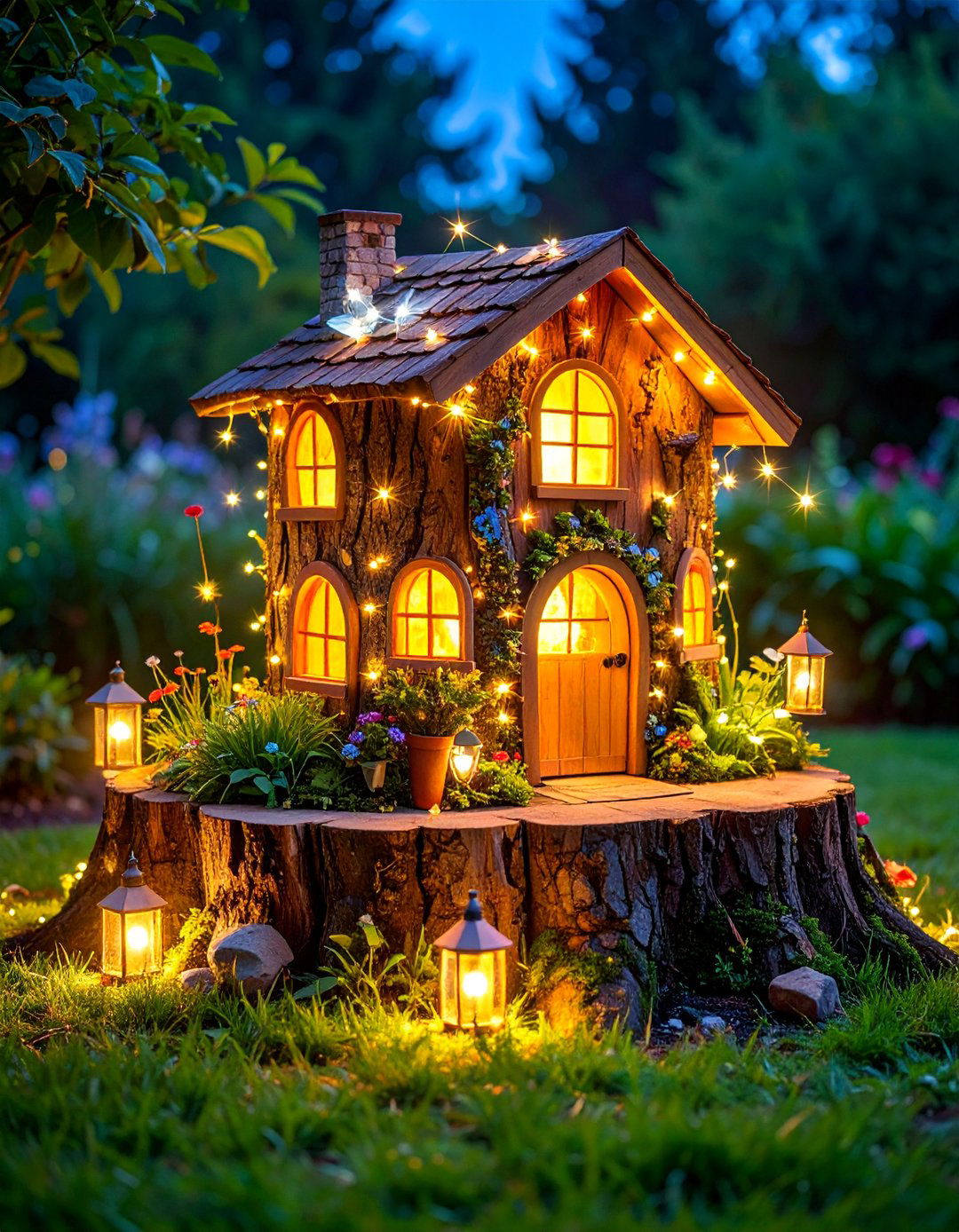 Solar Lit Magical Tree Stump House - 25 Tree Stump Fairy Garden Ideas