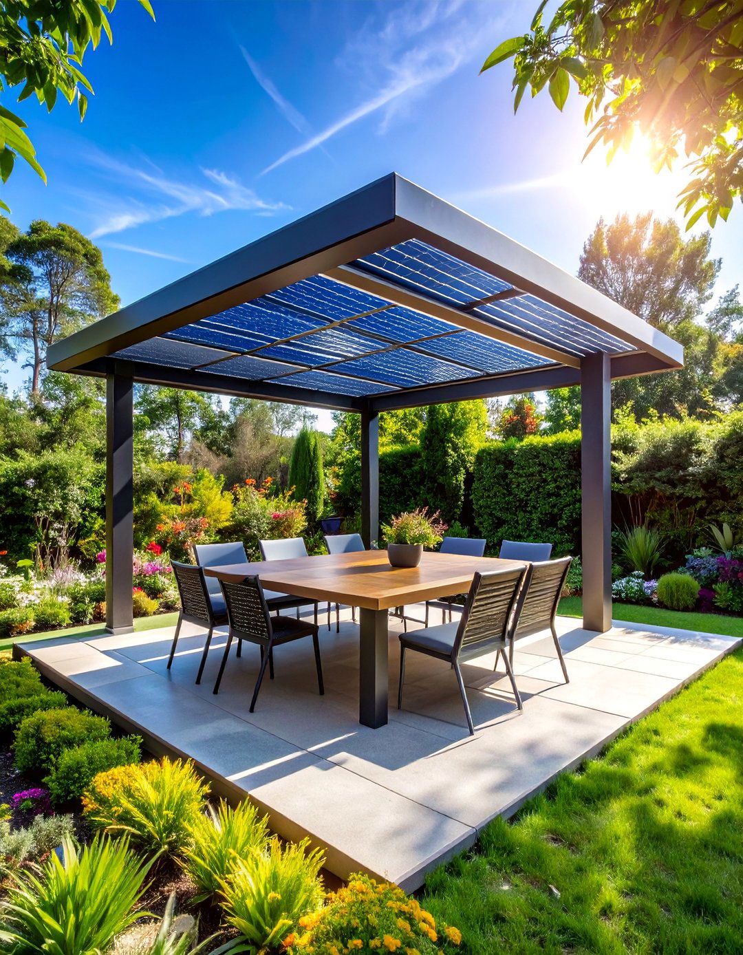 Solar Panel Pergola Garden Shade and Power Hub - 25 Garden Shade Ideas