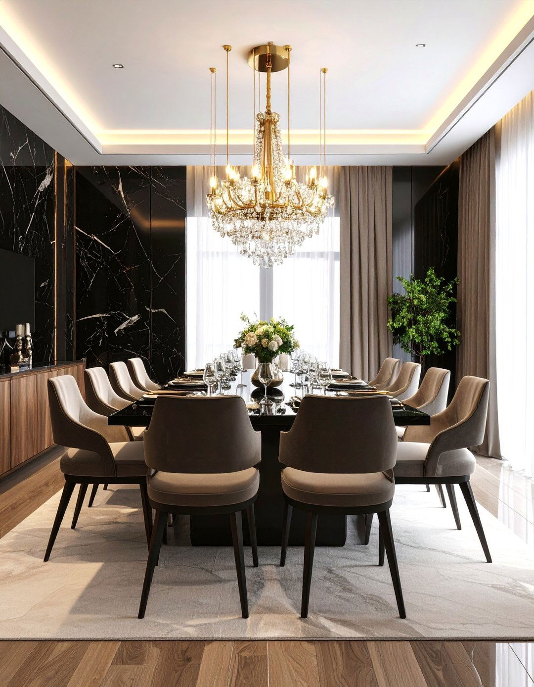 Sophisticated Black Marble Effect Feature Wall - 25 Black Accent Wall Dining Room Ideas