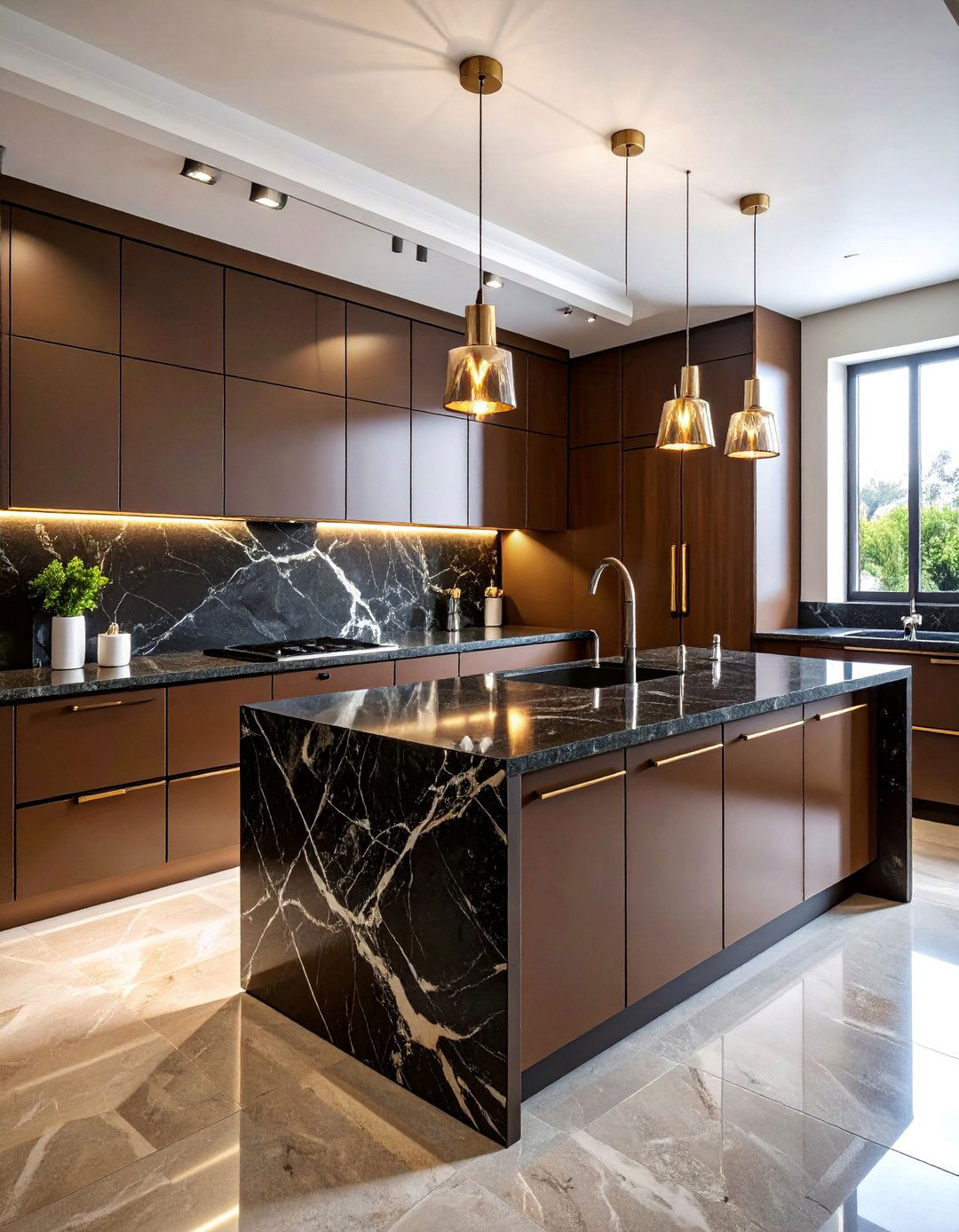 Sophisticated Brown Lacquer Kitchen with Black Marble Drama - 25 kitchen with brown cabinets and black countertops ideas