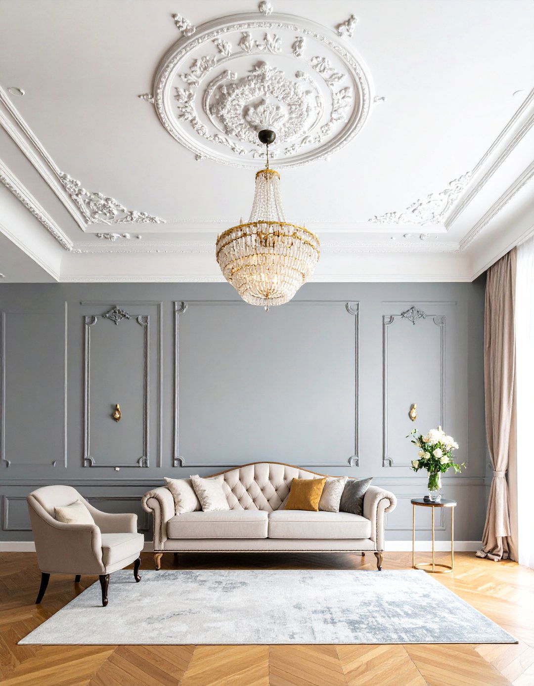 Sophisticated Crown Molding with Ceiling Medallions - 25 Wall Molding Ideas