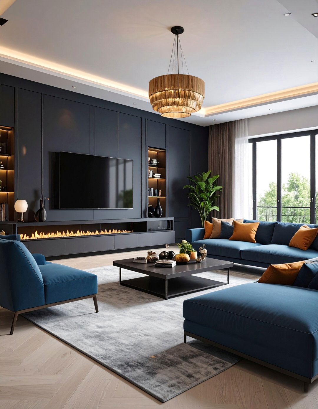 Sophisticated Entertainment Living Room with Grey Walls and Black Trim - 25 Living Room With Grey Walls and Black Trim