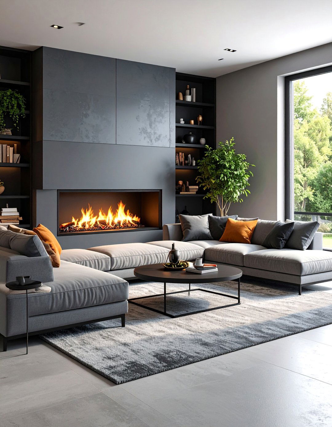 Sophisticated Fireplace Centered Living Room - 25 living room grey walls black trim