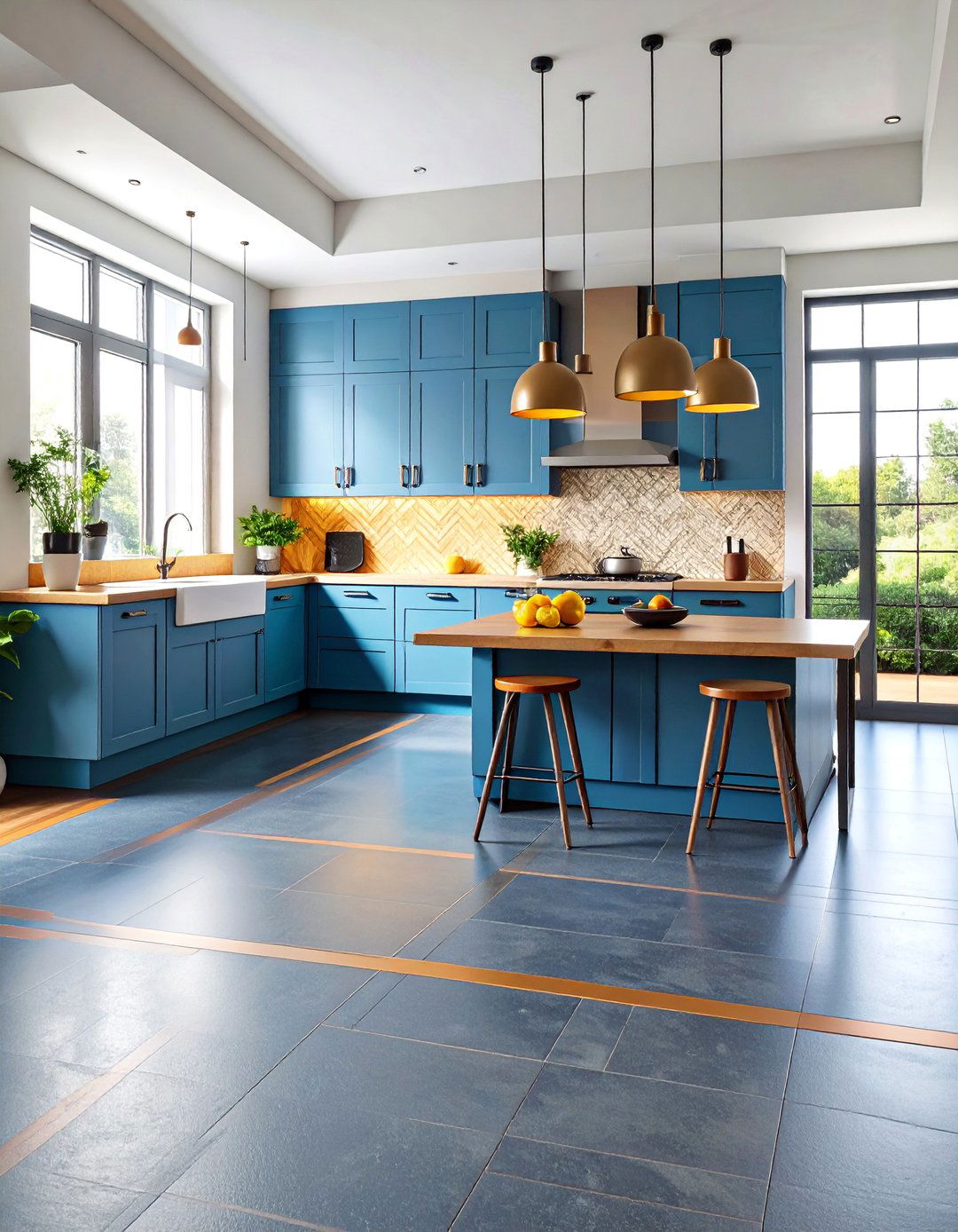 Sophisticated Graphite Gray with Copper Strip Inlays - 25 Linoleum Kitchen Flooring Ideas