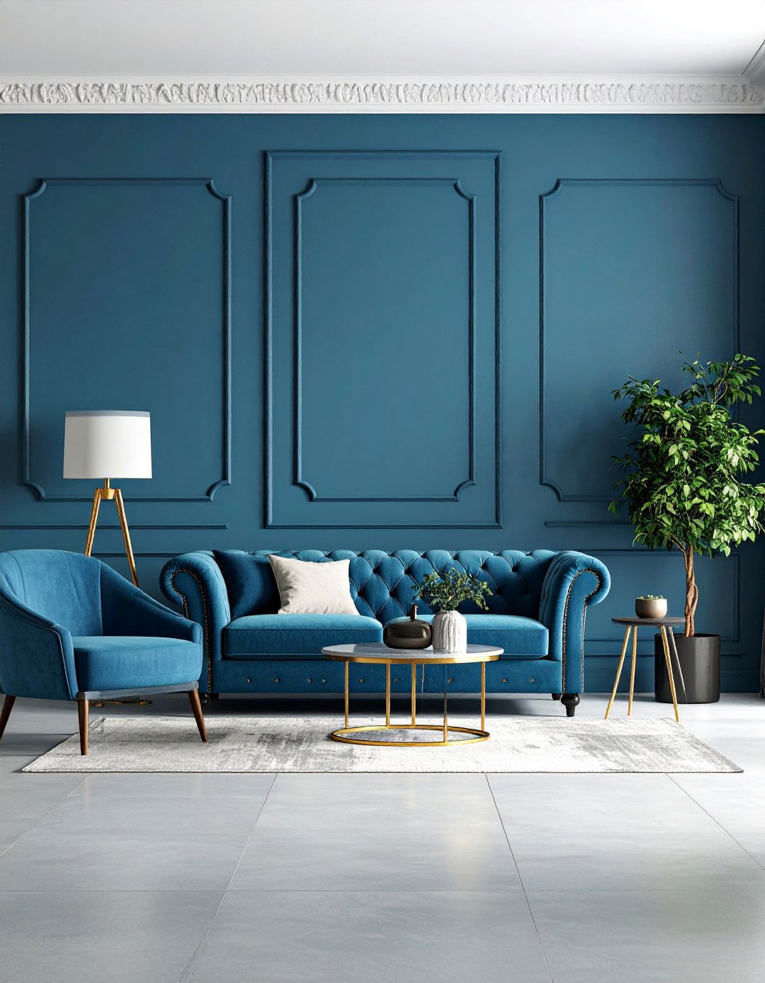Sophisticated Minimalist with Glacier Blue Walls and Grey Resin Floors - 25 grey floor living room with blue walls ideas