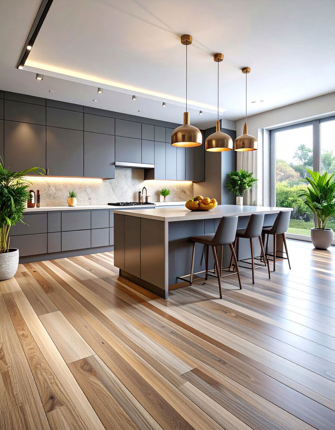 Sophisticated Taupe Linear Strips with Metallic Borders - 25 Linoleum Kitchen Flooring Ideas