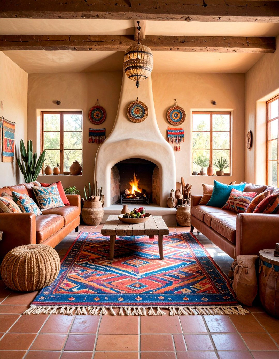 Southwest Adobe Fireplace with Vigas and Small Windows - 25 Fireplace Between Windows Ideas