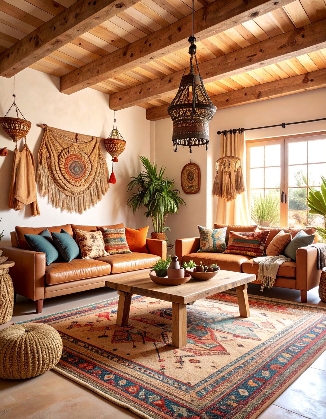 Southwest Adobe Style with Vigas Ceiling - 25 Living Room Vaulted Ceiling Ideas