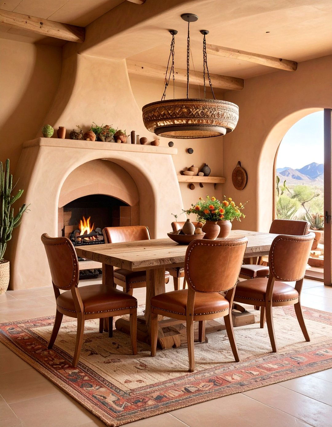 Southwestern Adobe Fireplace with Terra Cotta - 25 Dining Room With Fireplace