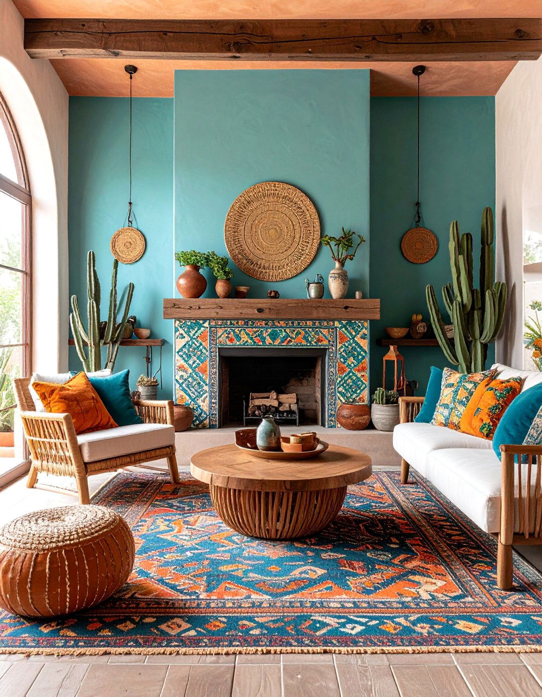 Southwestern Adobe Fireplace with Turquoise and Native Patterns - 25 Faux Fireplace Ideas